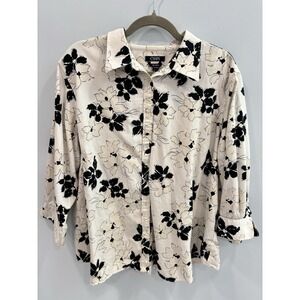 Chaps Floral Button Front Shirt Womens Large Black White Cotton No Iron Timeless